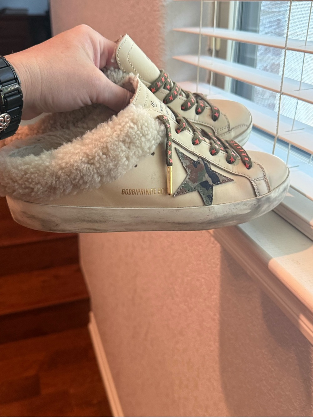 Golden Goose Shearling-Lined Cream with Camouflage Star Sabot Sz 38